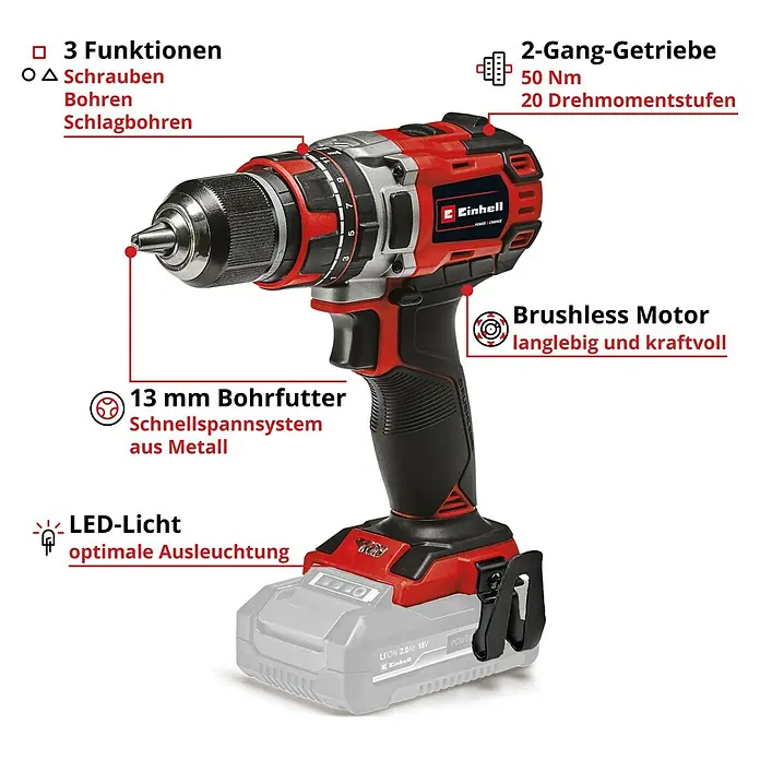 Einhell Professional Power X-Change 18V Akku-Schlagbohrschrauber TP-CD 18/50 Li-i BL Solo - 18 V, Ohne Akku, 50 Nm - Abbildung eines Einhell Akku-Schlagschraubers mit Funktionen wie Schrauben, Bohren und Schlagbohren, mit LED-Licht und bürstenlosem Motor.