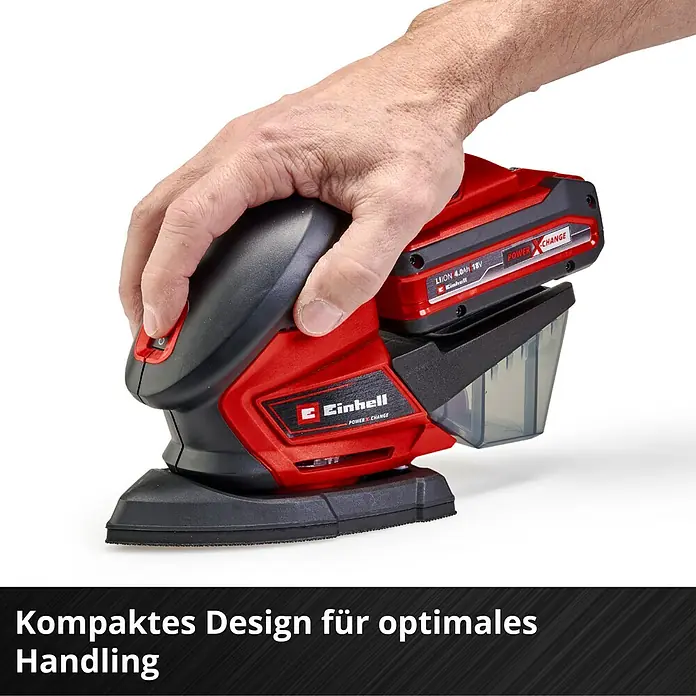 Einhell Power X-Change 18V Akku-Deltaschleifer TE-OS 18/150 Li Solo - 18 V, Ohne Akku, 24.000 U/min - Nahaufnahme des Einhell Akku-Exzenterschleifers mit rotem Gehäuse und ergonomischem Design für optimale Handhabung.
