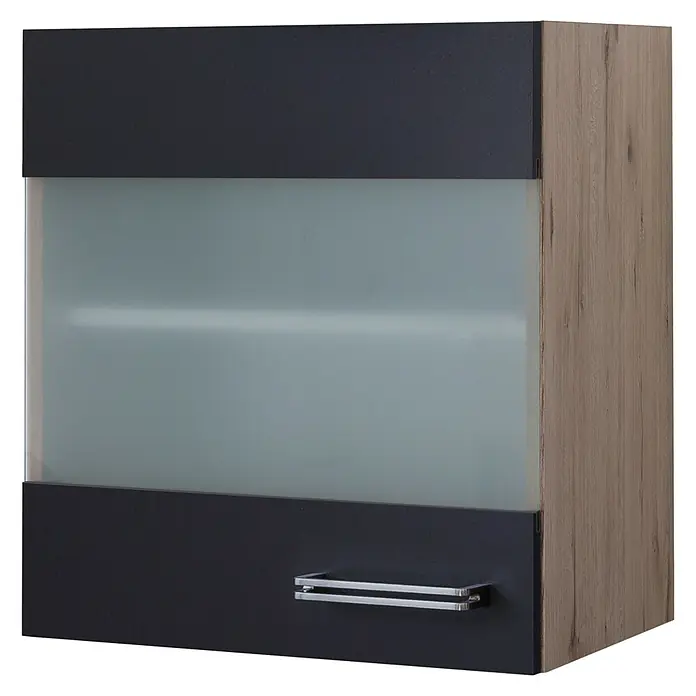 Flex-Well Turin Glas-Hängeschrank - 32 x 50 x 54,8 cm, Anthrazit Miniperl - Dieser Küchenschrank besticht durch sein modernes Design mit grauen und Holzfarbenen Elementen, sowie einem eleganten Griff.