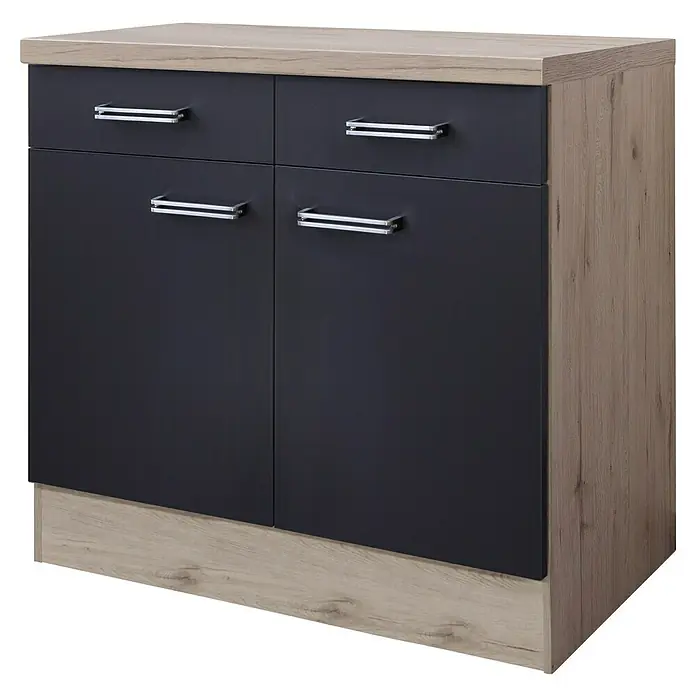 Flex-Well Turin Küchen-Unterschrank - 60 x 80 x 86 cm, Anthrazit Miniperl - Dieser stilvolle Schrank mit Schubladen und Türen ist eine ideale Aufbewahrungslösung. Die Farbkombination aus Holz und Dunkelgrau wirkt edel.