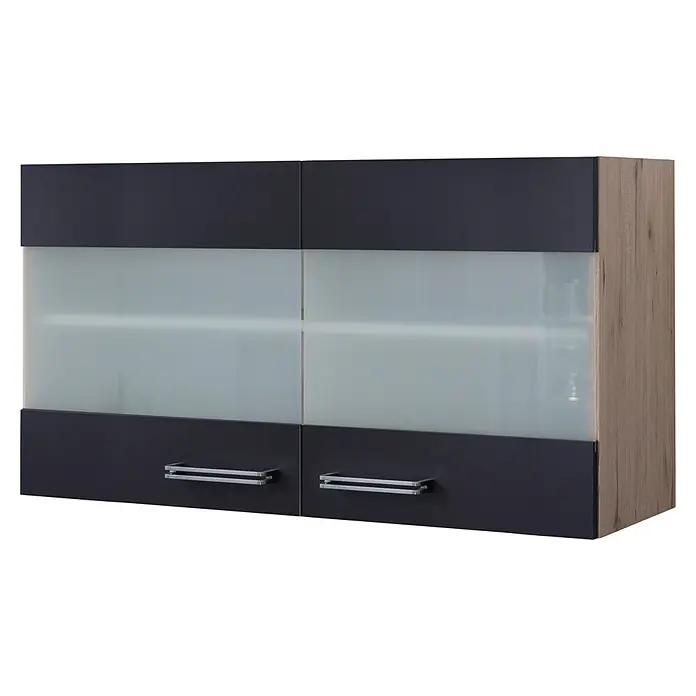 Flex-Well Turin Glas-Hängeschrank - 32 x 100 x 54,8 cm, Anthrazit Miniperl - Ein eleganter Hängeschrank mit matten Glasfronten und Griffen aus Chrom, der modernes Design in jeden Raum bringt.