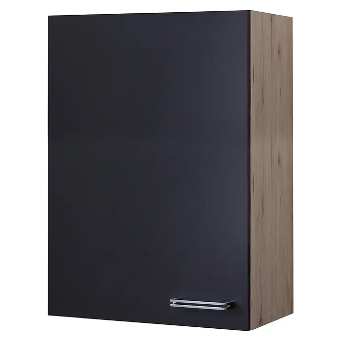 Flex-Well Turin Küchen-Hängeschrank - 32 x 60 x 89 cm, Anthrazit Miniperl - Bild eines Hängeschranks mit einer dunkelblauen Tür und einer Holzseitenwand mit einem silbernen Griff.