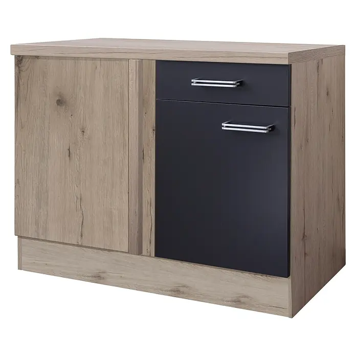 Flex-Well Turin Küchen-Eck-Unterschrank - 60 x 110 x 86 cm, Anthrazit Miniperl - Moderner Unterschrank mit zwei Schubladen und einer Tür in Holzoptik. Vielseitiges Möbelstück für zusätzlichen Stauraum.