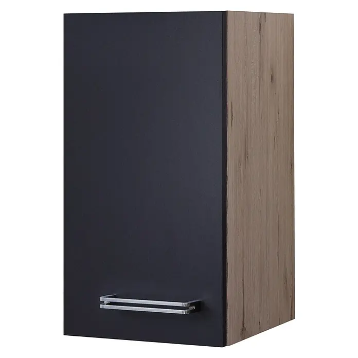 Flex-Well Turin Küchen-Hängeschrank - 32 x 30 x 54,8 cm, Anthrazit Miniperl - Nahaufnahme eines stilvollen Küchenschranks mit dunkler Tür und Holzstruktur, der modernes Design und Funktionalität vereint.