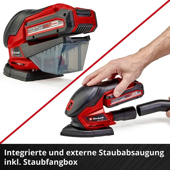 Einhell Power X-Change 18V Akku-Deltaschleifer TE-OS 18/150 Li Solo - 18 V, Ohne Akku, 24.000 U/min - Akku-Exzenterschleifer Einhell mit integrierter und externer Staubabsaugung und Staubfangbox für sauberes Arbeiten.