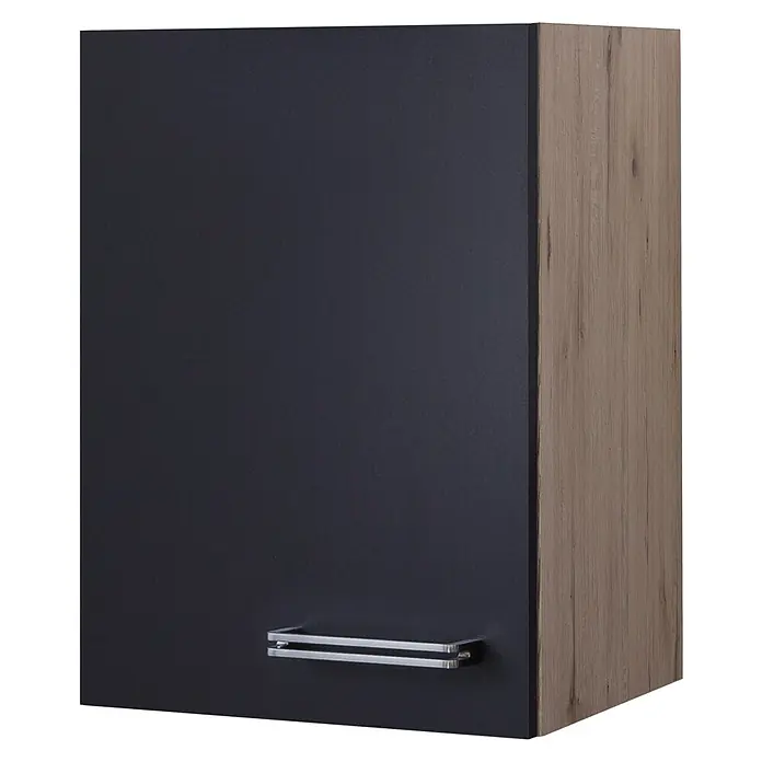 Flex-Well Turin Küchen-Hängeschrank - 32 x 40 x 54,8 cm, Anthrazit Miniperl - Ein schicker Hängeschrank mit einer dunkelgrauen Tür und einer holzgemusterten Seite, der elegant und funktional ist.