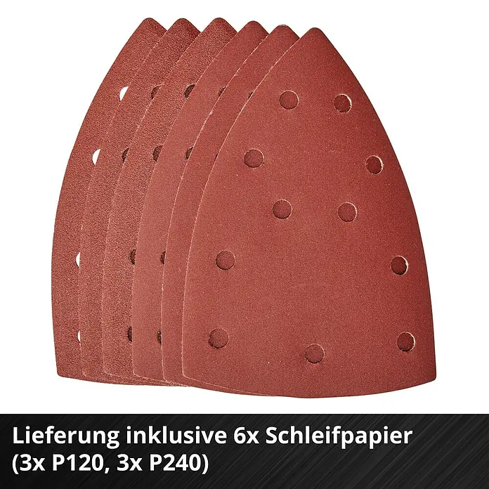 Einhell Power X-Change 18V Akku-Deltaschleifer TE-OS 18/150 Li Solo - 18 V, Ohne Akku, 24.000 U/min - Sechs Schleifpapiere in Dreiecksform mit Löchern. Geeignet für Deltaschleifer, verschiedene Körnungen (P120, P240) inklusive.