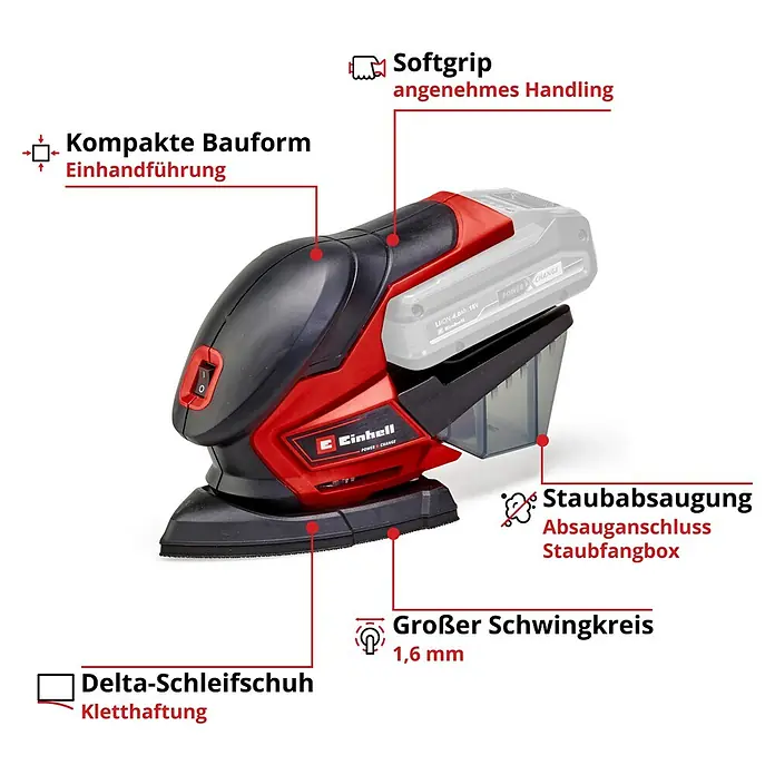 Einhell Power X-Change 18V Akku-Deltaschleifer TE-OS 18/150 Li Solo - 18 V, Ohne Akku, 24.000 U/min - Ein roter und schwarzer Einhell Akku-Dreieckschleifer mit Staubabsaugung und verschiedenen Funktionen wird im Detail gezeigt.