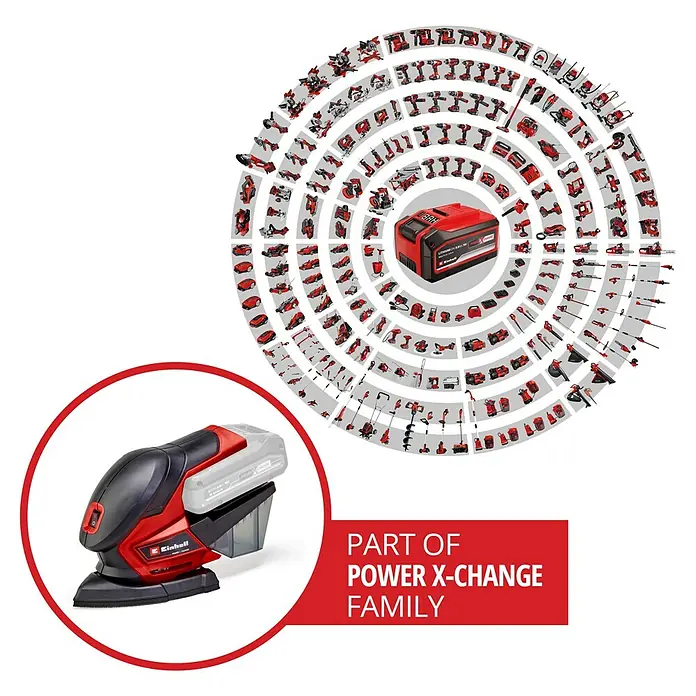 Einhell Power X-Change 18V Akku-Deltaschleifer TE-OS 18/150 Li Solo - 18 V, Ohne Akku, 24.000 U/min - Das Bild zeigt einen Akku-Exzenterschleifer der Power X-Change-Familie von Einhell, umgeben von anderen Produkten derselben Serie.