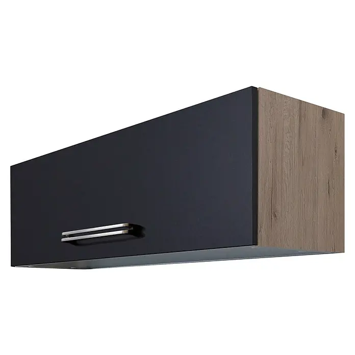 Flex-Well Turin Hängeschrank - 32 x 100 x 32 cm, Anthrazit Miniperl - Nahaufnahme eines modernen Hängeschranks mit dunkler Front und Holzstruktur, ideal für eine stilvolle Kücheneinrichtung.