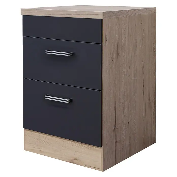 Flex-Well Turin Küchen-Unterschrank Kochstellen-Auszug - L x B x H: 60 x 60 x 86 cm, Anthrazit Miniperl - Elegantes Nachtkästchen mit zwei Schubladen in Dunkelblau und Holzoptik, ideal für das Schlafzimmer. Praktisch und stilvoll.