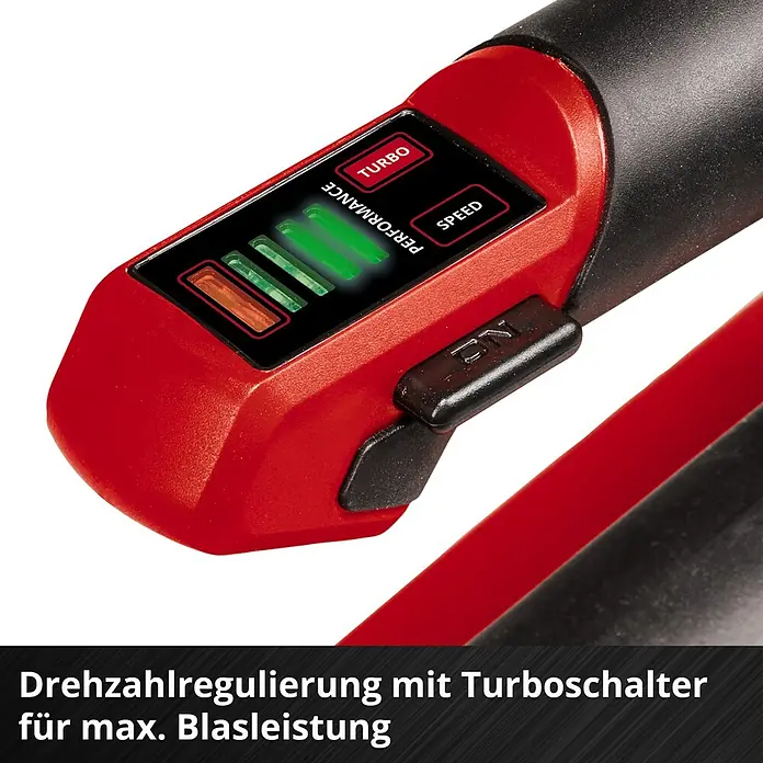 Einhell Professional Akku-Laubbläser GP-LB 18/200 Li GK-Solo - 18 V, Ohne Akku, Blasgeschwindigkeit: 200 km/h, Blasleistung: 670 m³/min - Detailaufnahme des Einhell Akku-Laubbläsers mit Drehzahlregulierung und Turboschalter für maximale Blasleistung.