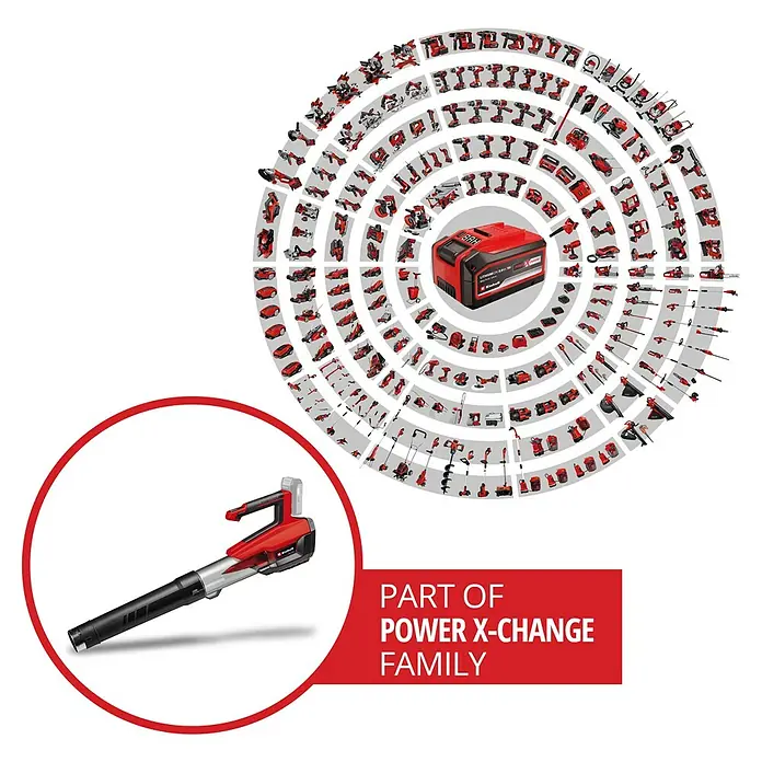 Einhell Professional Akku-Laubbläser GP-LB 18/200 Li GK-Solo - 18 V, Ohne Akku, Blasgeschwindigkeit: 200 km/h, Blasleistung: 670 m³/min - Das Bild zeigt einen roten und schwarzen Akku-Laubsauger mit rundem Rahmen sowie den Schriftzug "Part of Power X-Change Family".