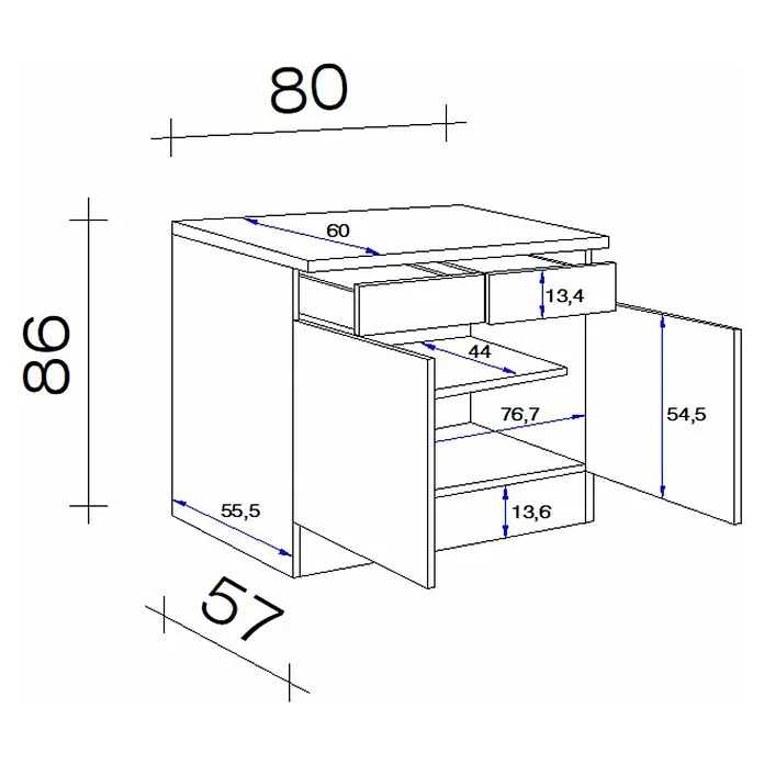 Flex-Well Rom  Küchen-Unterschrank - 60 x 80 x 86 cm, Weiß - Detaillierte technische Zeichnung eines Schranks mit zwei Schubladen, einem offenen Fach und einem zweifach unterteilten Schrankteil, inklusive Maße.