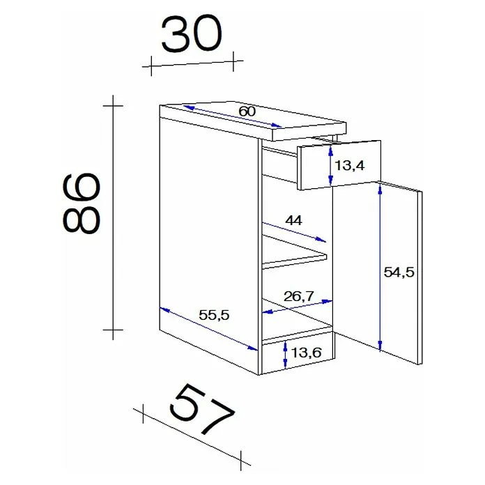 Flex-Well Rom  Unterschrank - 60 x 30 x 86 cm, Weiß - Technische Zeichnung eines Schranks mit Maßen, inklusive mehrerer Regalböden und einer oberen Schublade.