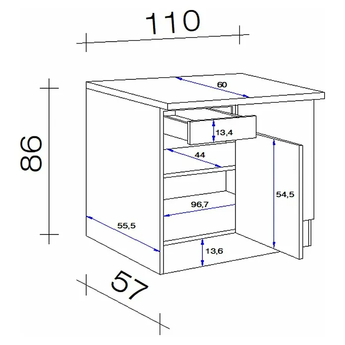 Flex-Well Valero Eck-Unterschrank - L x B x H: 60 x 110 x 86 cm, Weiß - Technische Zeichnung eines Schranks mit Schublade, offenen Fächern und Flügeltür, Maße: 110 Breite, 98 Höhe, 57 Tiefe.