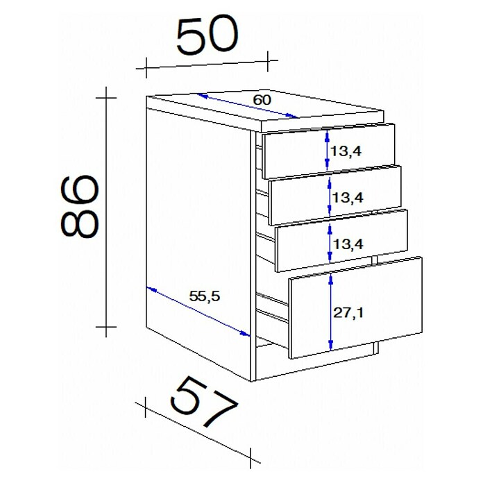 Flex-Well Rom  Unterschrank (60 x 50 x 86 cm, Weiß, 3 Schubkästen) | BAUHAUS