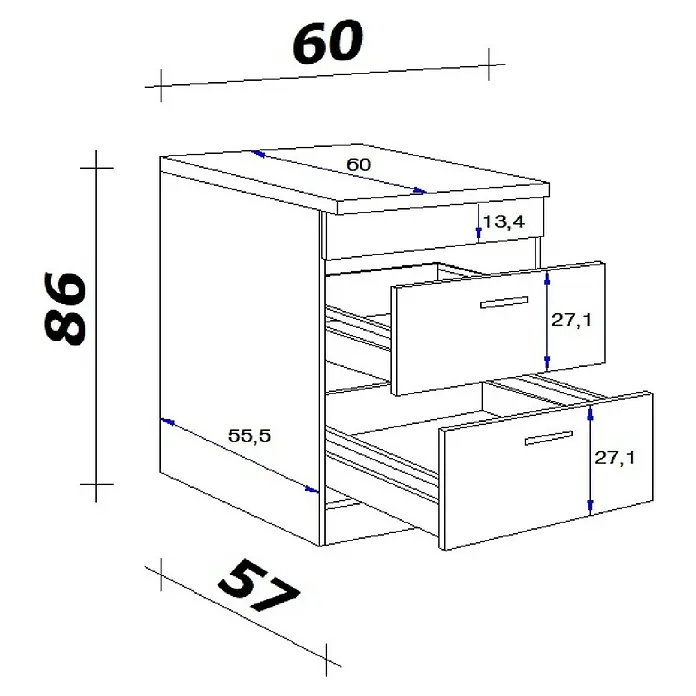 Flex-Well Rom  Unterschrank - 60 x 60 x 86 cm, Weiß, 2 Frontauszüge - Bemaßte technische Zeichnung eines zweischübigen Schranks, 86cm hoch, 60cm breit, 57cm tief.