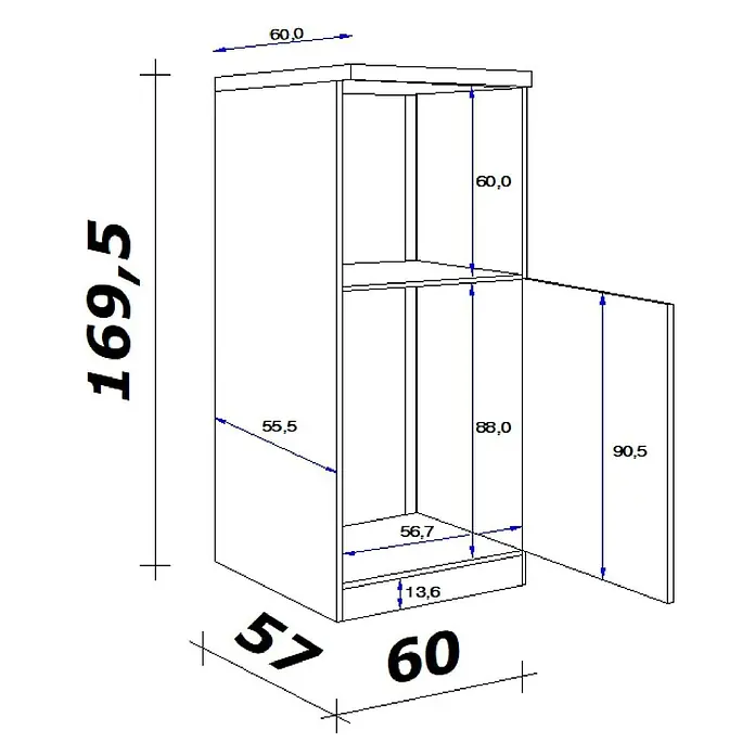 Flex-Well Turin Demi-Geräteumbauschrank - 57 x 60 x 169,5 cm, Anthrazit Miniperl - Technische Zeichnung eines Schranks mit Tür und Innenregalen. Maße: 169,5 cm H, 60 cm B, 57 cm T.