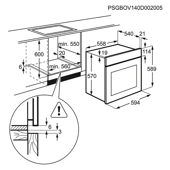 Electrolux Horno empotrado EZC2430AOX - Volumen horno: 57 l, Número de tipos de calentamiento: 9 ud. - Dibujo dimensional de un horno empotrable con todas las dimensiones relevantes para su instalación en un mueble de cocina.