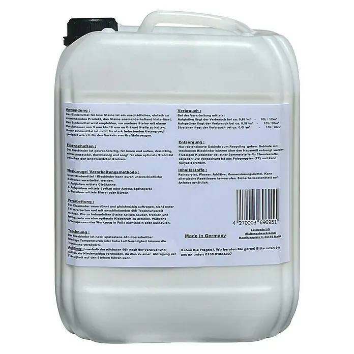Leintrade Bindemittel für Kieselsteine - 10 l - Produktdetails eines Kanisters mit Kiesbinder, hergestellt in Deutschland. Anleitung, Verbrauch und Inhaltsstoffe sind aufgedruckt.