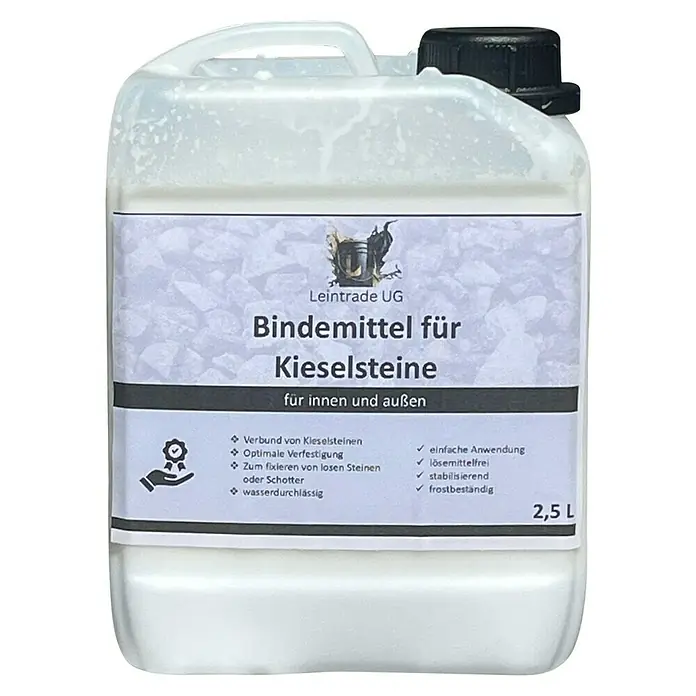 Leintrade Bindemittel für Kieselsteine - 2,5 l - Produktbild eines 2,5-Liter-Kanisters „Bindemittel für Kieselsteine“ von Leintrade UG, ideal für den Innen- und Außenbereich.
