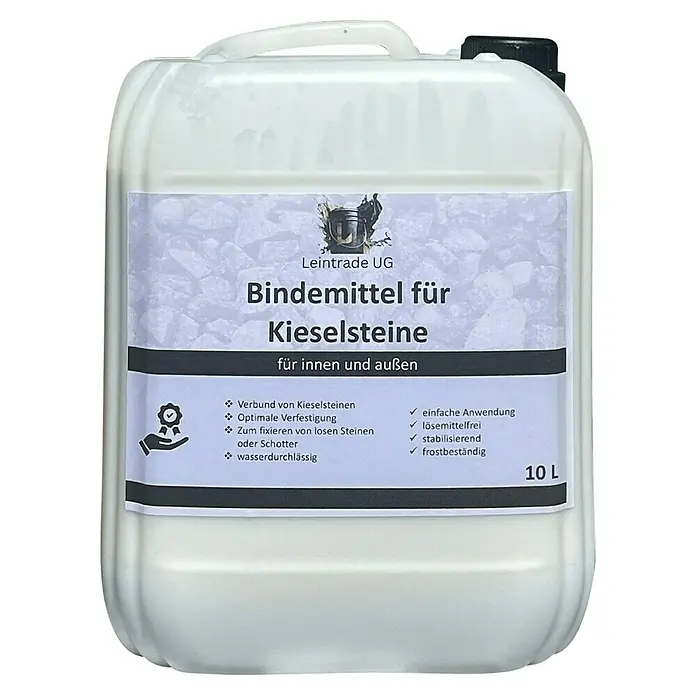 Leintrade Bindemittel für Kieselsteine - 10 l - Kanister mit Leintrade UG Bindemittel für Kieselsteine, für Innen- und Außenbereich, 10L. Für Verbund, Verfestigung und Fixierung von Steinen oder Schotter.