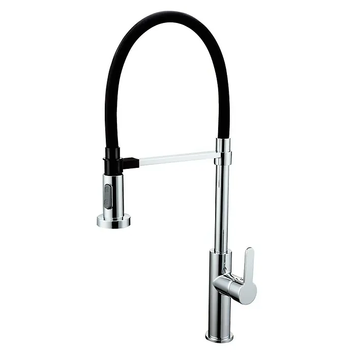 Grifo de cocina Miami - Negro/Cromado, Brillante - Grifo de cocina de arco alto con rociador extraíble. Diseño elegante con un acabado cromado. Ofrece flexibilidad y comodidad al lavar.