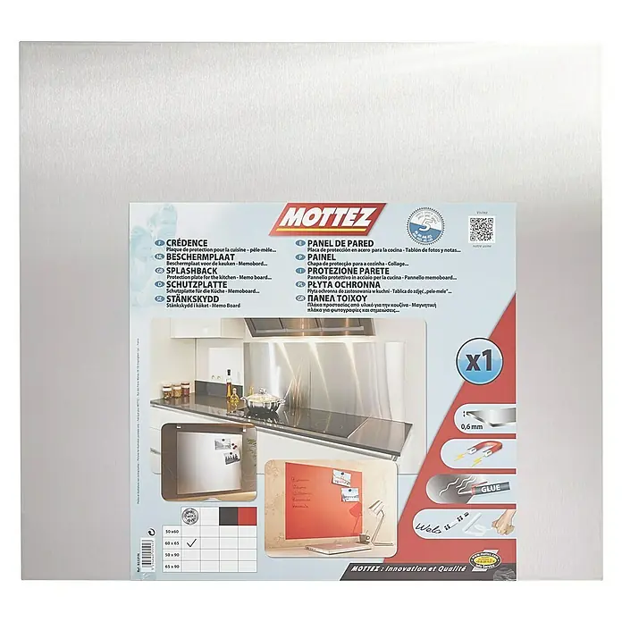 Mottez Protector de pared de cocina - Gris, 60 x 65 cm, Acero - Salpicadero de cocina Mottez de acero inoxidable, perfecto como memo board.