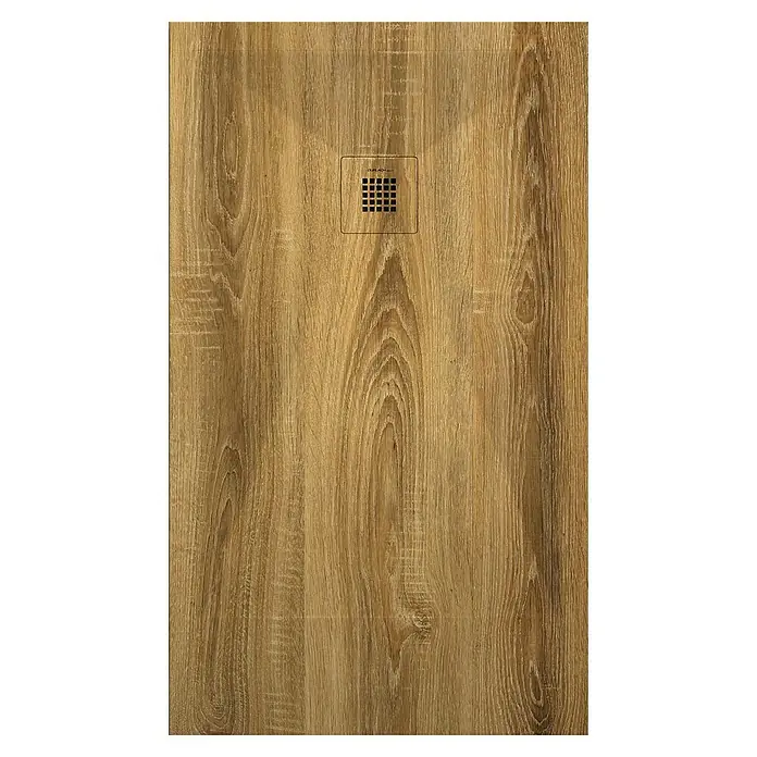 Duplach Plato de ducha 3D - L x An: 90 x 70 cm, Material compuesto, Madera Roble - Un plato de ducha con aspecto de madera con un desagüe cuadrado en el centro, ideal para un diseño de baño moderno.