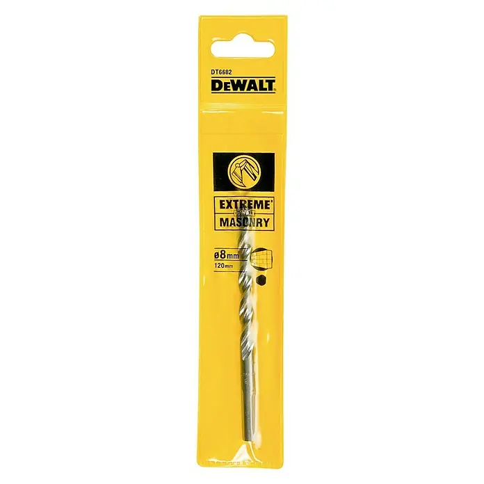 DeWalt Broca para hormigón y mampostería DT6682-XJ - 1 ud., Diámetro de la broca: 8 mm - Primer plano de una broca para mampostería DeWalt DT6682 Extreme, con un diámetro de 8 mm y una longitud de 120 mm, envasada en un blíster amarillo.