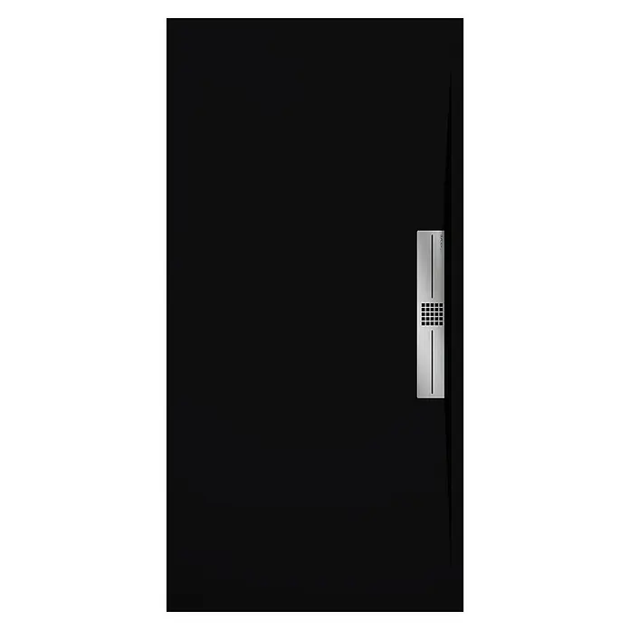 Duplach Plato de ducha Side - L x An: 180 x 90 cm, Material compuesto, Negro - Primer plano de una puerta negra moderna con una elegante manija plateada con panel táctil digital.