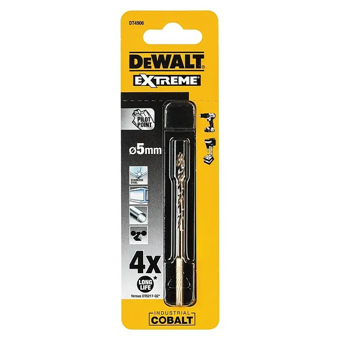 DeWalt Broca para metal DT4912-QZ - 1 ud., Diámetro de la broca: 5 mm - Broca de cobalto DeWalt Extreme, DT4906, con un diámetro de 5 mm, conocida por su larga vida útil y apta para acero inoxidable.