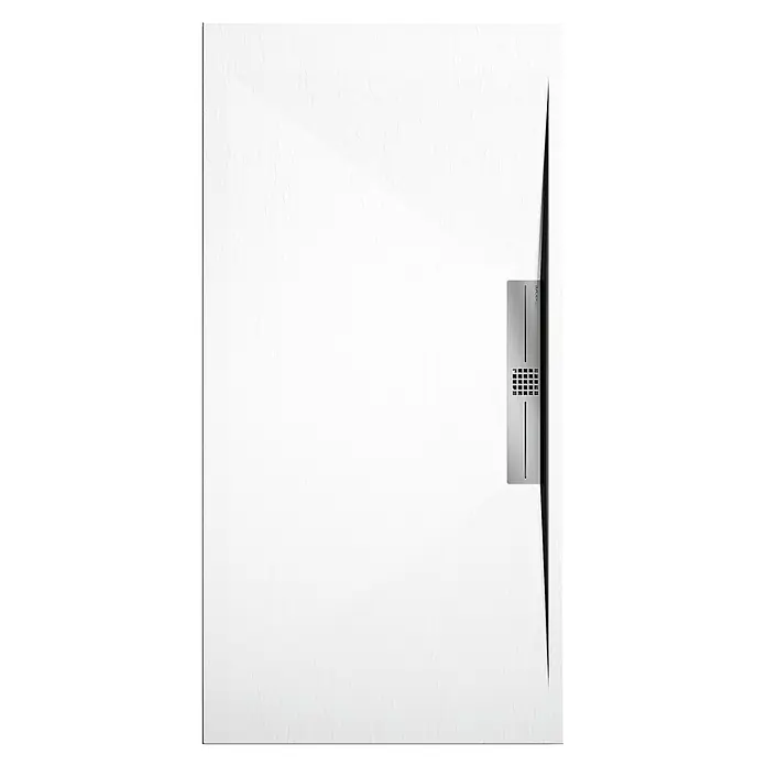 Duplach Plato de ducha Side - L x An: 140 x 70 cm, Material compuesto, Cemento - Plato de ducha rectangular de perfil bajo en blanco con desagüe y bordes negros delgados que ofrece una solución de baño moderna y minimalista.