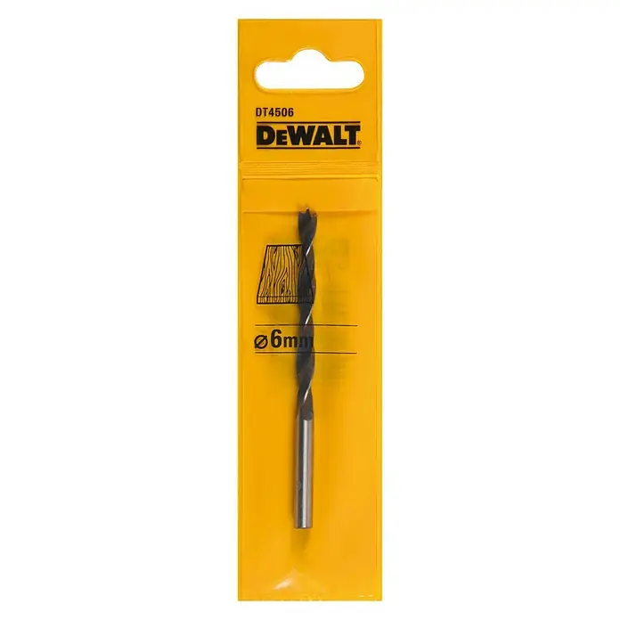 DeWalt Broca para madera DT4506-QZ - 1 ud., Diámetro de la broca: 6 mm - Primer plano de una broca para madera DeWalt DT4506 de 6 mm, empaquetada en un blíster amarillo, perfecta para trabajos de carpintería precisos.