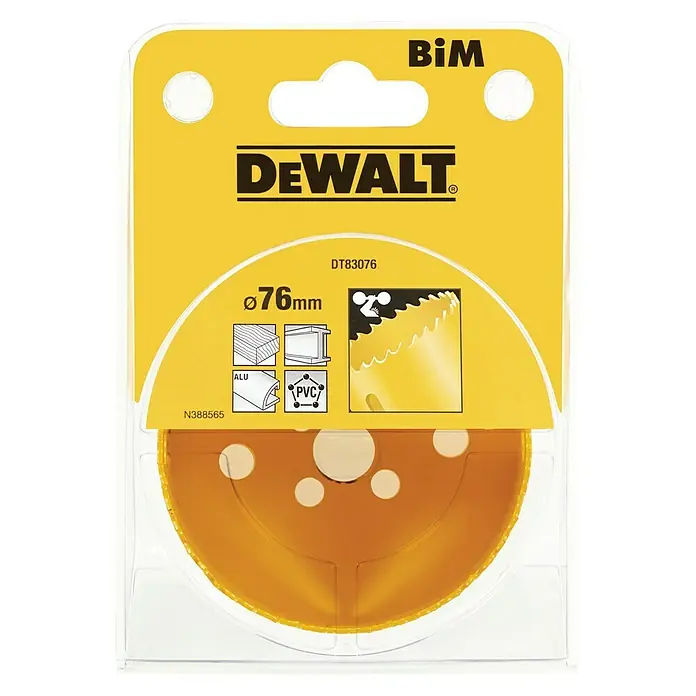 DeWalt Broca de taladro DT83 - 1 ud., Diámetro de la broca: 76 mm - Primer plano de una sierra de corona DeWalt BiM, empaquetada en blíster amarillo, ideal para cortar diversos materiales.