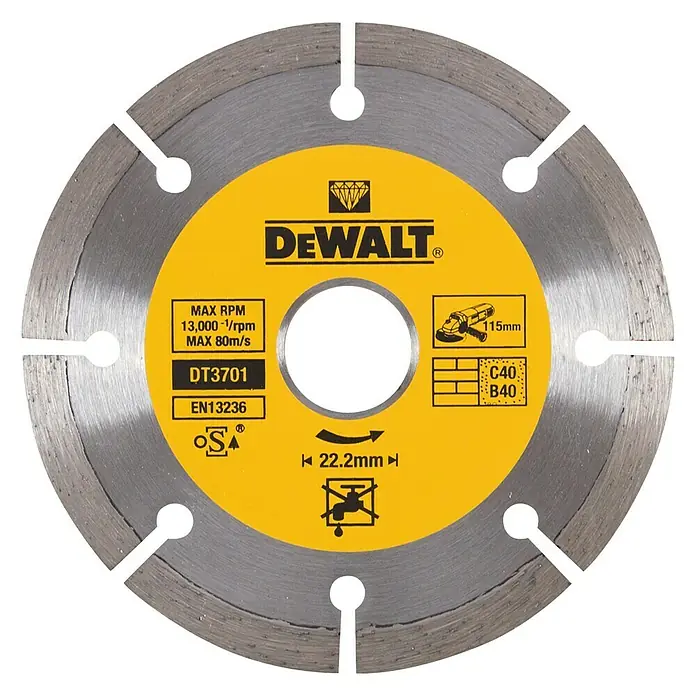 DeWalt Disco de corte DT3701-QZ - Orificio: 22,23 mm - La imagen muestra un disco de corte DeWalt DT3701, adecuado para amoladoras angulares con una velocidad máxima de 13.000 rpm.