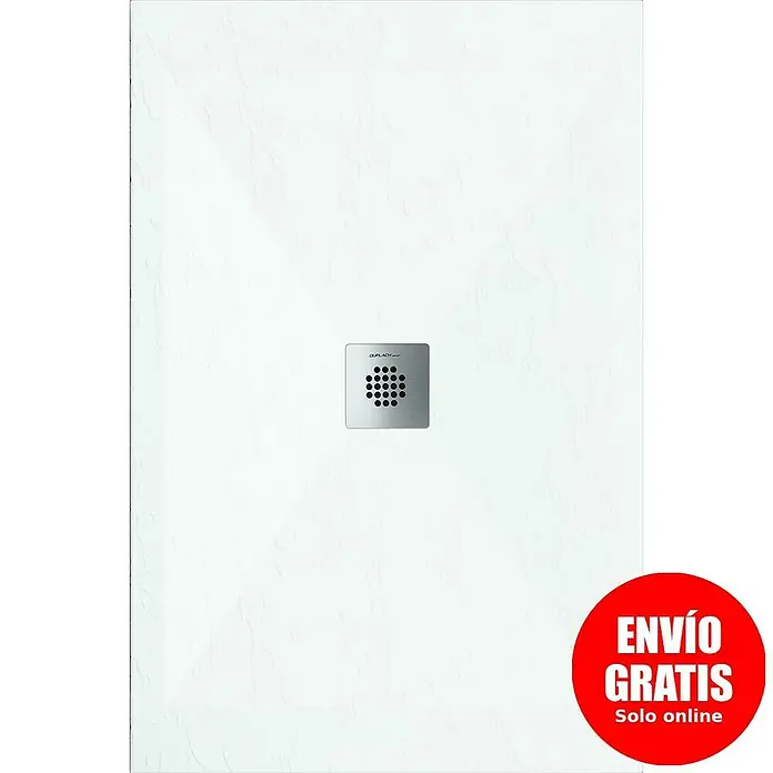 Duplach Plato de ducha Sorty - L x An: 200 x 90 cm, Material compuesto, Blanco - Plato de ducha rectangular antideslizante de resina de piedra con desagüe cuadrado de acero inoxidable, listo para instalar.