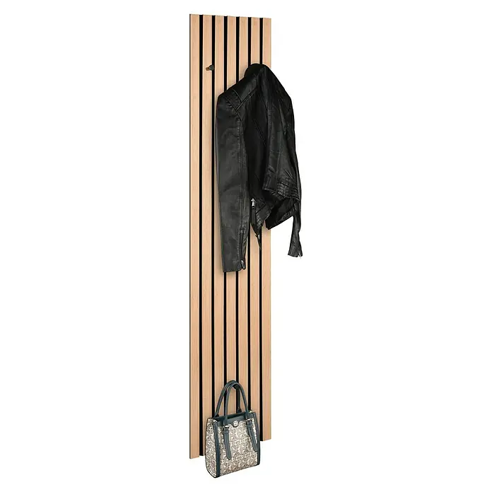 Panel de armario recibidor Grace - L x An x Al: 8 mm x 25 cm x 160 mm - Perchero con chaqueta de cuero y bolso. La chaqueta cuelga de un gancho, el bolso está debajo. Todo está bien iluminado.