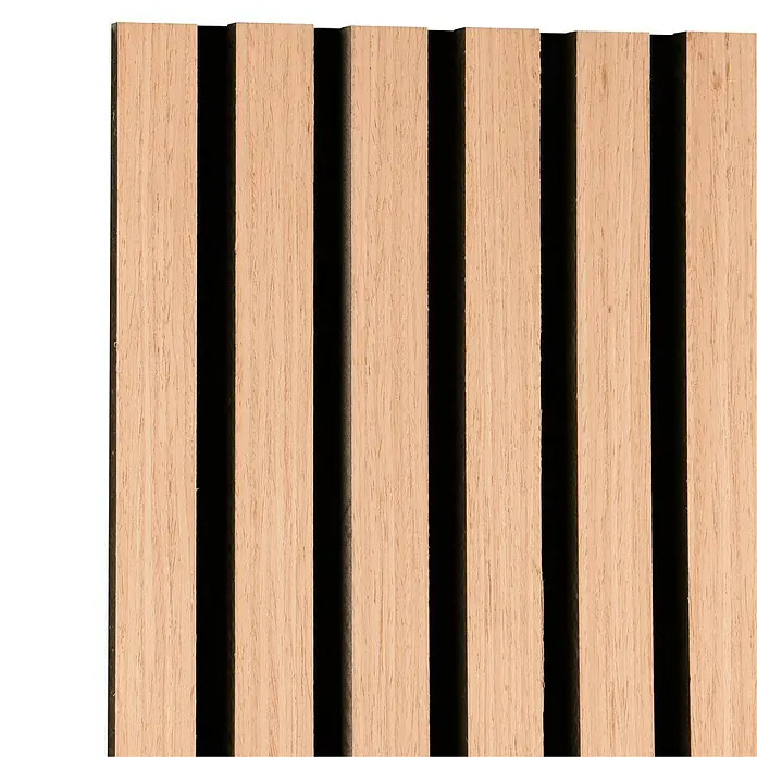 Panel de armario recibidor Grace - L x An x Al: 8 mm x 25 cm x 160 mm - Primer plano de un panel acústico de pared con listones de madera y espacio negro, ideal para diseño interior moderno.