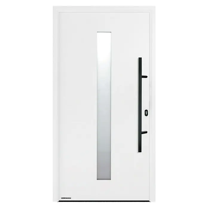 Hörmann EcoStar Haustür THP 610S A3 - 110 x 210 cm, DIN Anschlag: Rechts, Verkehrsweiß - Elegante, weiße Haustür von Hörmann mit einem schmalen, länglichen Fenster und einem modernen, schwarzen Türgriff.