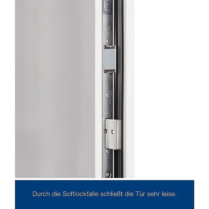 Hörmann EcoStar Haustür THP 610S A3 - 110 x 210 cm, DIN Anschlag: Links, Verkehrsweiß - Nahaufnahme eines Türschlosses mit Softlockfalle. Die Tür schliesst sehr leise dank der Softlockfalle.