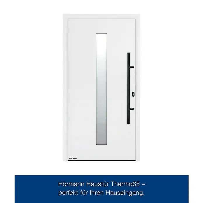 Hörmann EcoStar Haustür THP 610S A3 - 110 x 210 cm, DIN Anschlag: Rechts, Verkehrsweiß - Elegante Hörmann Haustür Thermo65 in Weiß mit stilvollem Glasausschnitt und modernem Türgriff. Perfekt für einen einladenden Hauseingang.