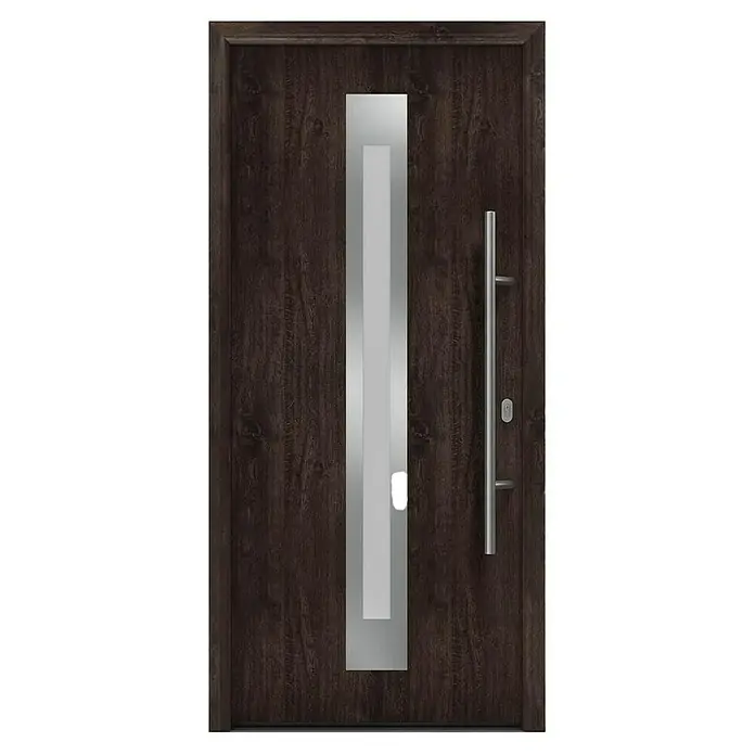 Hörmann EcoStar Haustür ISOPRO IP 770S - 110 x 210 cm, DIN Anschlag: Rechts, Night Oak - Eine moderne Haustür aus dunklem Holz mit einem vertikalen Glaseinsatz und einem langen, silbernen Griff.