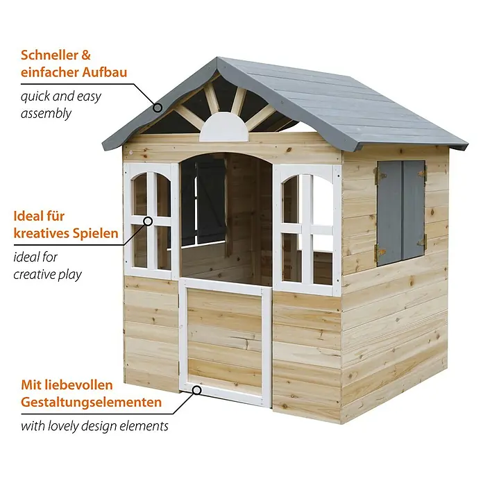 Dobar Spielhaus - L x B x H: 115 x 102 x 129 cm, Holz, Naturbelassen/Anthrazit - Detailansicht eines Holzspielhauses mit grauem Dach, weißen Fensterrahmen und einer halbhohen Tür. Perfekt für fantasievolles Spielen im Freien.