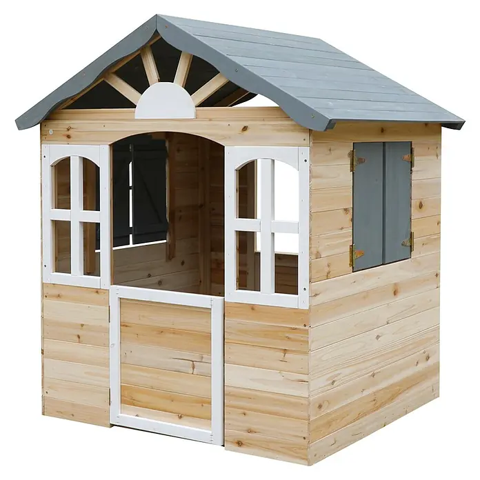 Dobar Spielhaus - L x B x H: 115 x 102 x 129 cm, Holz, Naturbelassen/Anthrazit - Hölzernes Spielhaus für Kinder mit graublauem Dach, weißen Fensterrahmen und einer kleinen Tür. Ideal für fantasievolles Spielen im Garten.