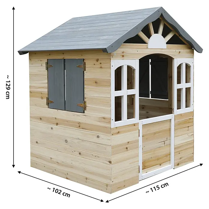Dobar Spielhaus - L x B x H: 115 x 102 x 129 cm, Holz, Naturbelassen/Anthrazit - Ein charmantes, naturholzfarbenes Kinderspielhaus mit grauem Dach, weißen Fensterrahmen und verspielten Details, perfekt für fantasievolles Spielen.