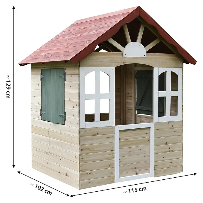 Dobar Spielhaus - L x B x H: 115 x 102 x 129 cm, Holz, Naturbelassen/Rot - Holzspielhaus mit rotem Dach und grünen Fensterläden. Ideal für Kinder zum Spielen im Garten.