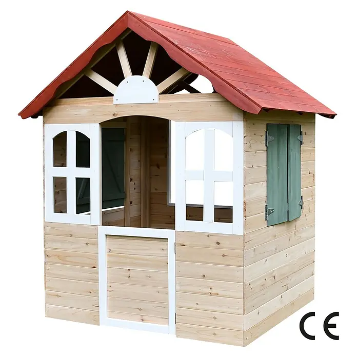 Dobar Spielhaus - L x B x H: 115 x 102 x 129 cm, Holz, Naturbelassen/Rot - Das Holzspielhaus mit rotem Dach bietet Kindern einen sicheren und kreativen Raum zum Spielen im Freien.