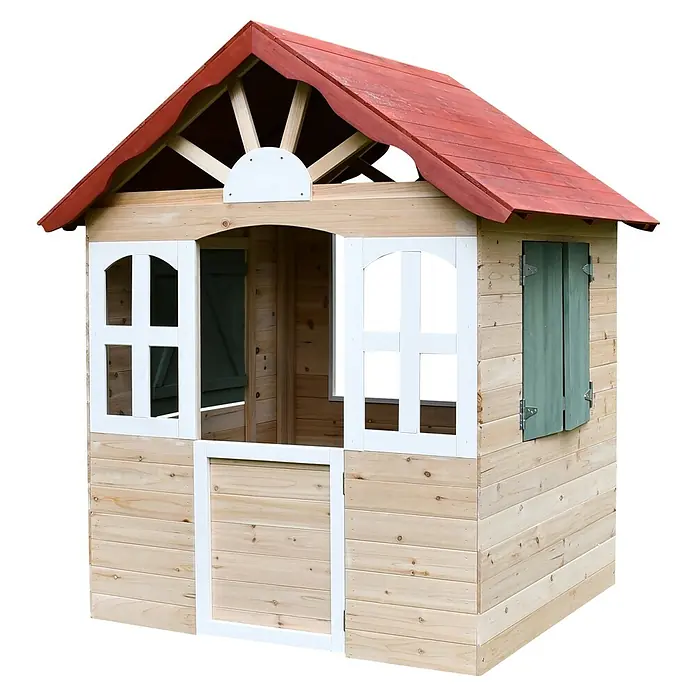 Dobar Spielhaus - L x B x H: 115 x 102 x 129 cm, Holz, Naturbelassen/Rot - Ein charmantes Holzspielhaus mit rotem Dach, weißen Fensterrahmen und einer grünen Fensterläden, perfekt für fantasievolles Spielen im Freien.